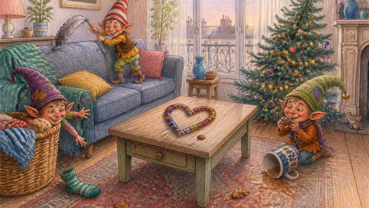 Un salon français au petit matin avec les traces de la mini-bêtise nocturne d’un lutin, chaussette tirée du panier, papiers de chocolat en forme de cœur sur la table basse, sapin légèrement penché, lumière pâle de l’aube