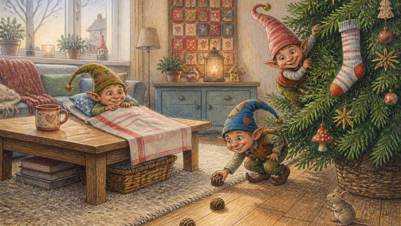 Ein gemütliches deutsches Wohnzimmer am frühen Morgen im Dezember, Spuren des nächtlichen Wichtel-Streichs, eine Socke an einem Tannenzweig, drei Schokoladen als Spur auf dem Boden, ein Geschirrtuch als Mini-Bett auf dem Couchtisch, sanftes Morgenlicht