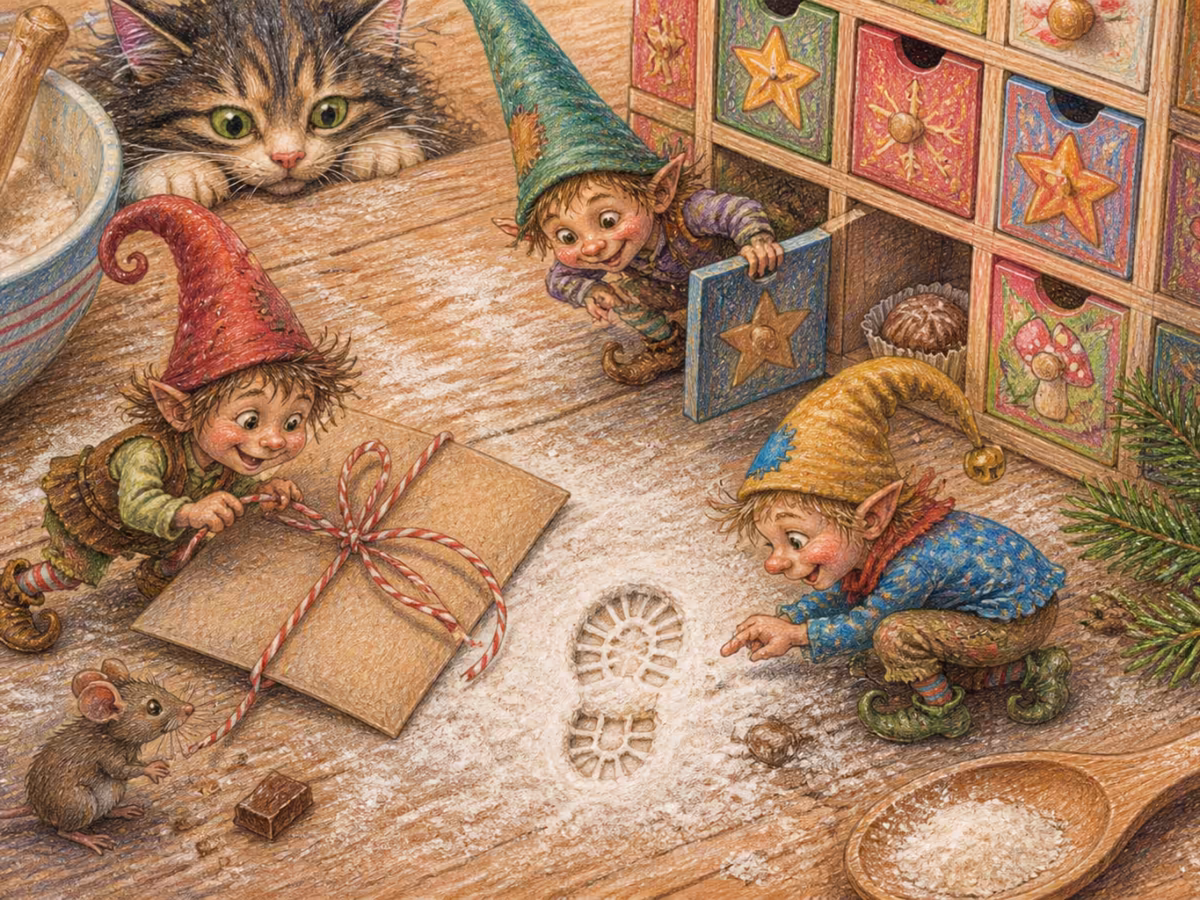 Nahaufnahme eines alten Holztisches in der Küche, ein winziger Stiefelabdruck im Mehl, eine handgeschriebene Notiz auf Packpapier mit rot-weißer Schnur, ein offenes Adventskalender-Türchen mit Schokolade, ein Zweig Tanne