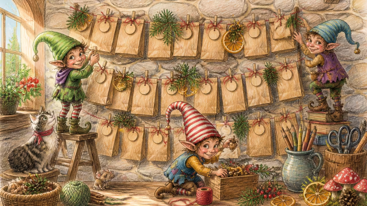 Ein selbstgemachter deutscher DIY-Adventskalender, 24 kleine braune Papiertüten an Jute-Schnur über einer Steinwand, mit Holz-Zahlen-Anhängern, Tannen-Zweigen und Orangenscheiben als Dekoration, ein kleines Holzregal mit Bastelwerkzeug darunter