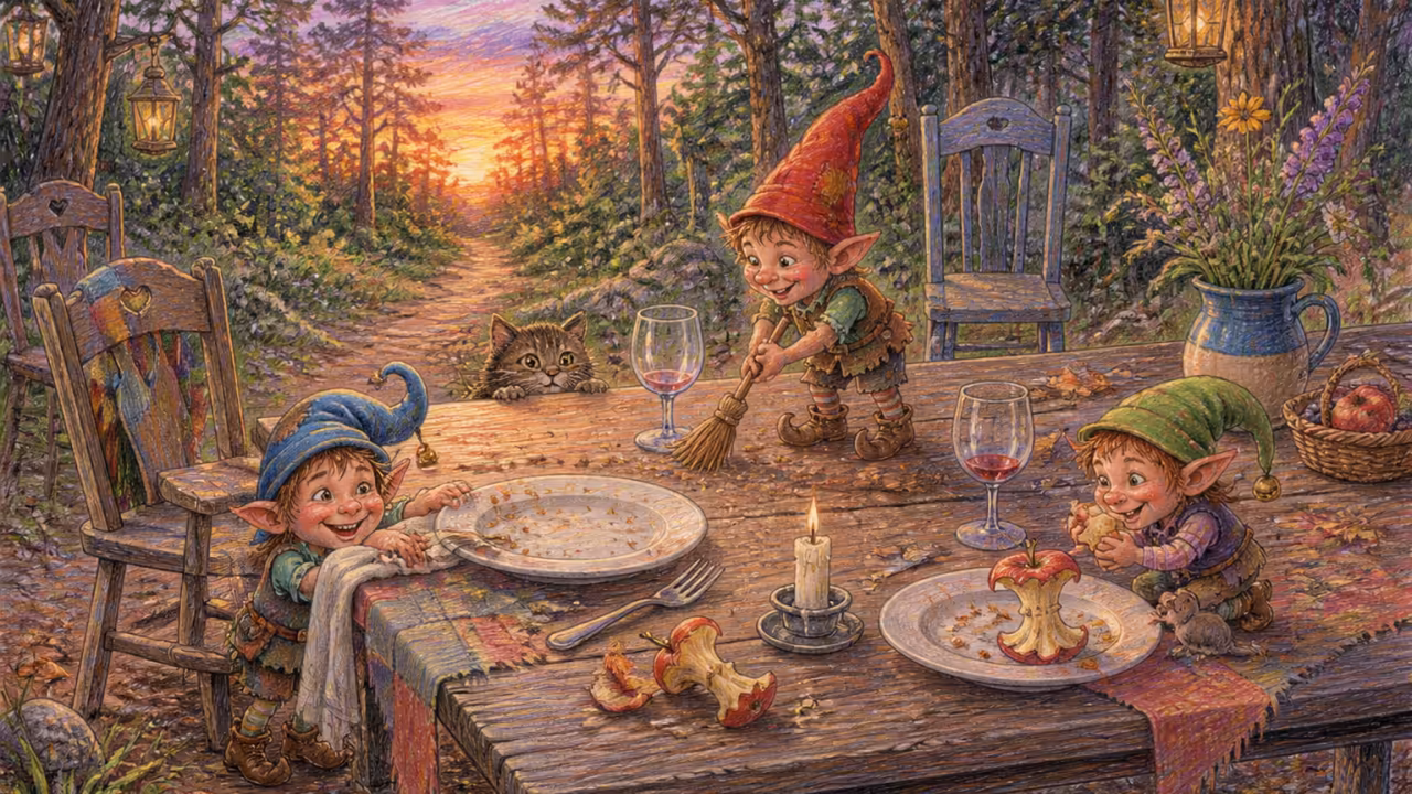 A wooden table in a forest clearing at dusk, two empty plates with crumbs, two glasses with the last drops of wine, and a path leading off into the trees