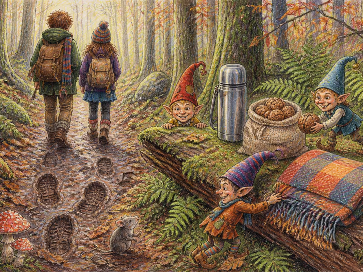 A muddy forest path with two pairs of boot prints walking side by side, a metal flask and a small bag of walnuts on a fallen log