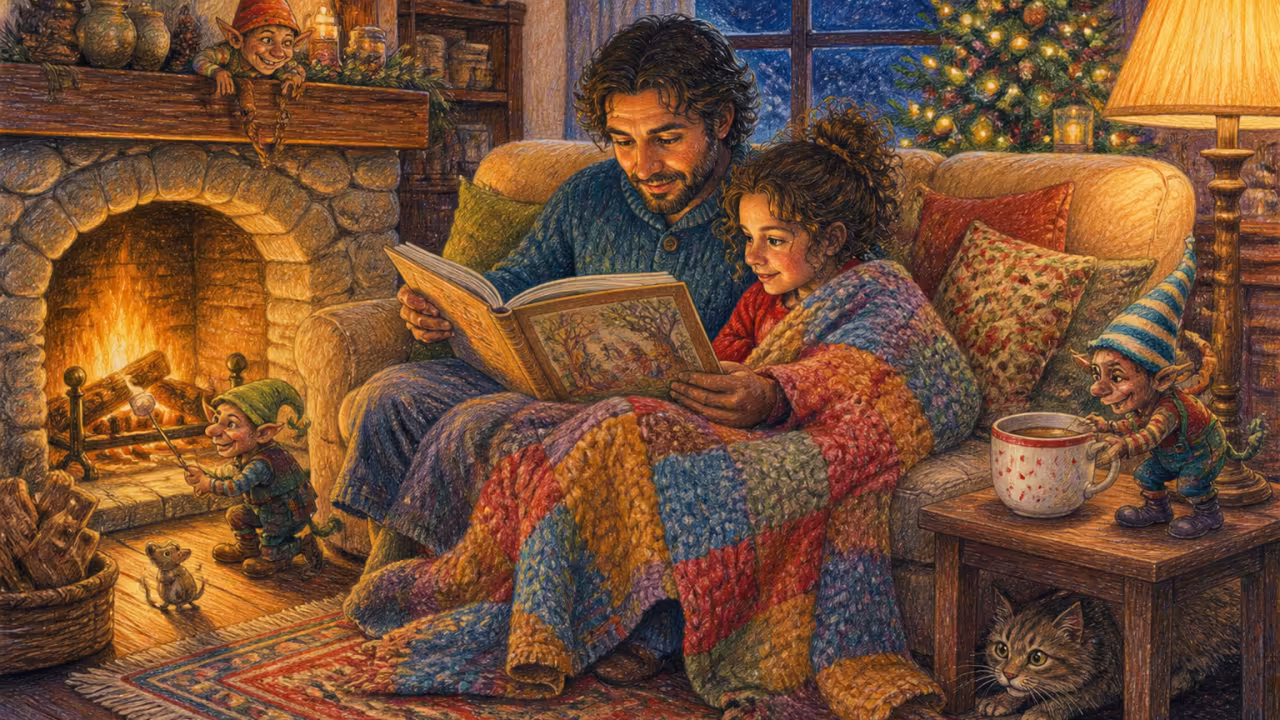 Salotto di famiglia italiana di notte d’inverno, un genitore seduto su un divano basso legge da un libro illustrato a un bambino accoccolato sotto una coperta di lana lavorata a mano, luce calda di una lampada da lato, un piccolo fuoco nel camino, un alberello di Natale con luci calde nell’angolo
