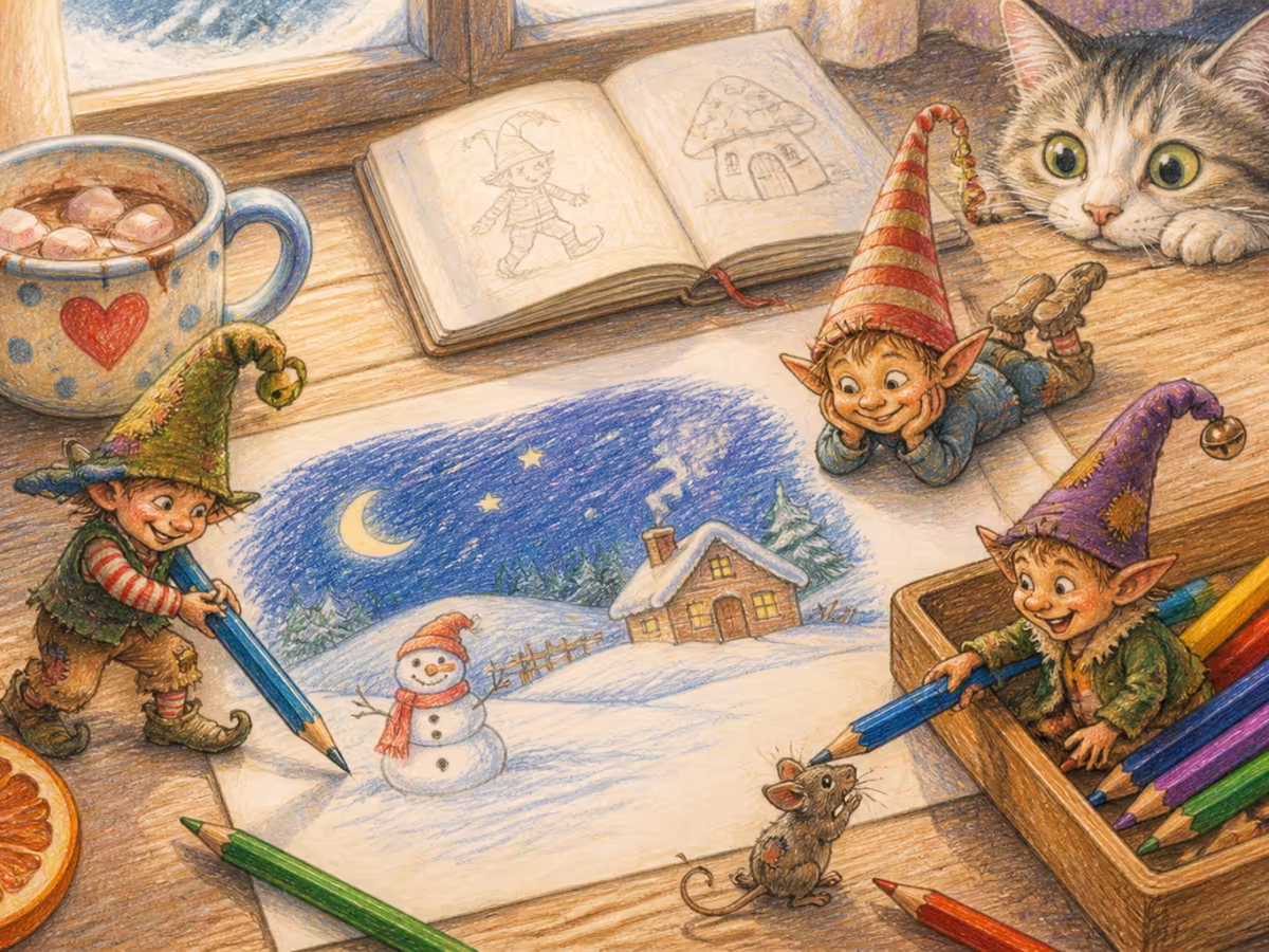 Primo piano di una scrivania di bambino italiano in legno, un disegno a matite colorate a metà su carta bianca, un quaderno aperto con schizzi a corsivo, matite colorate sparse in un piccolo vassoio di legno, luce soffusa dal lato, una tazza di cioccolato caldo, una fetta di arancia secca