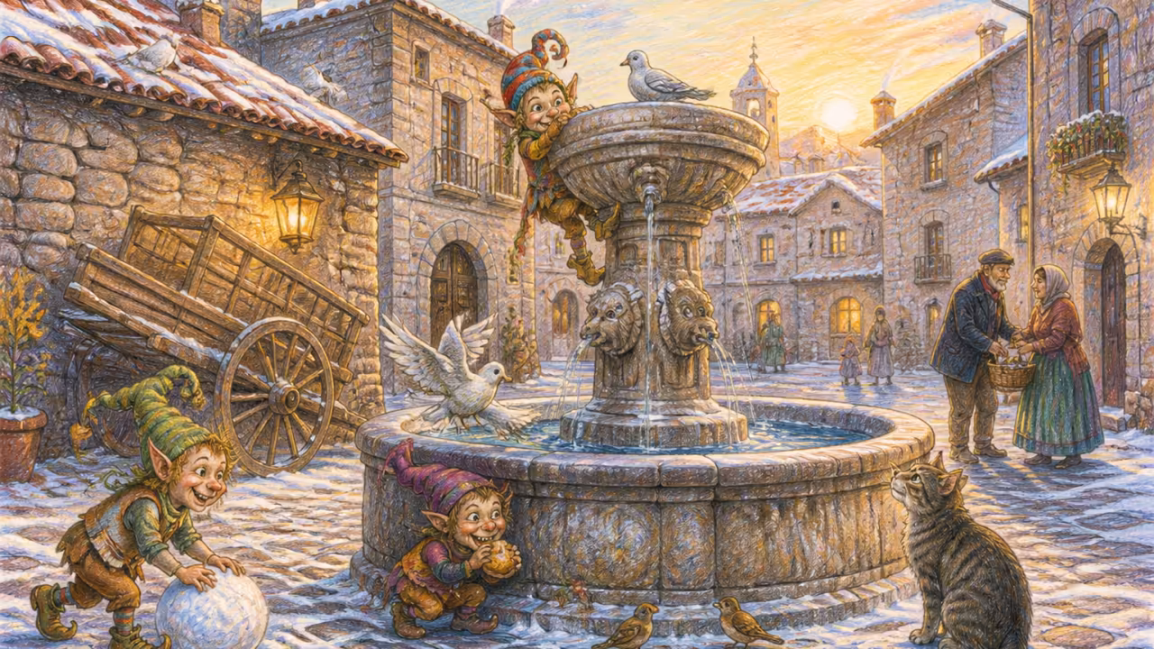 Una piazza di villaggio italiano del 19° secolo la mattina del 6 gennaio, ciottoli spolverati di neve, una vecchia fontana al centro, edifici dal tetto in cotto, luci dorate alle finestre, un carretto in legno appoggiato a un muro, colombe sui tetti