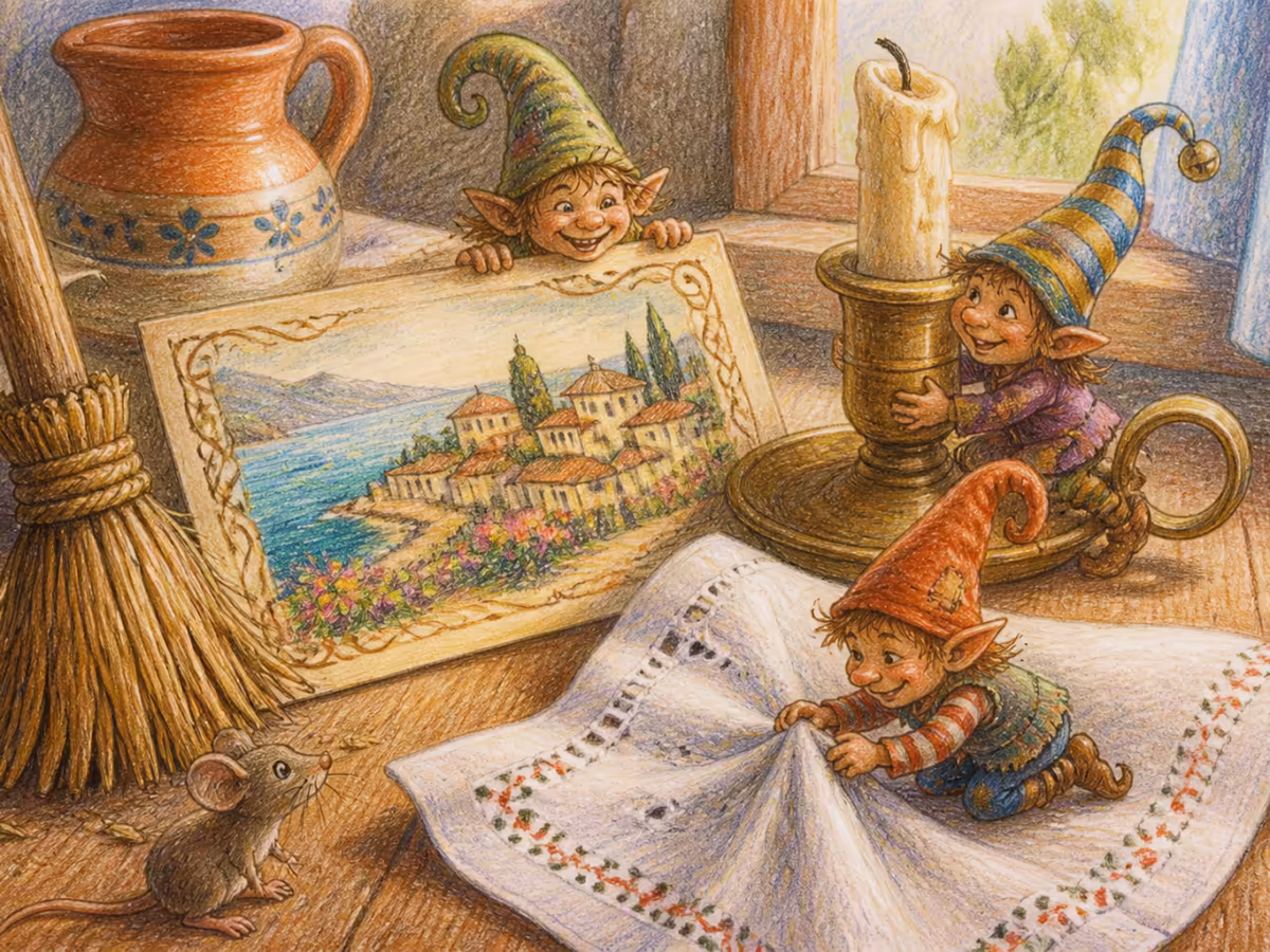 Primo piano di una vecchia cartolina italiana con decori a inchiostro seppia, una piccola scopa di saggina appoggiata in un angolo, un fazzoletto bianco ricamato piegato, un candeliere in ottone con una candela mezza consumata, luce calda da una finestra