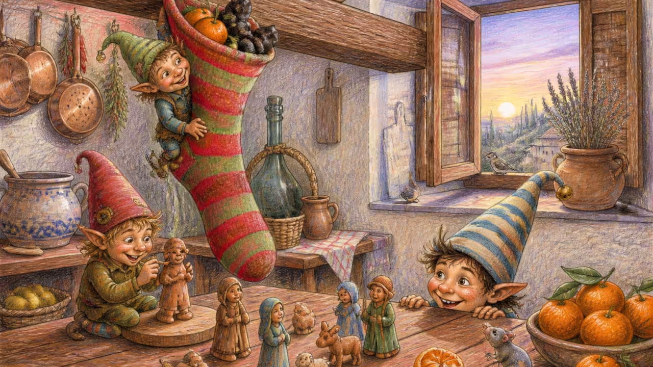 Una cucina rustica italiana all’alba del 6 gennaio, una lunga calza di lana rigata appesa a una trave, carbone e mandarini dentro, figure di terracotta sulla tavola