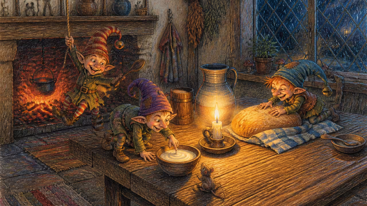 A cosy old Yorkshire farmhouse kitchen at midnight with a single candle on a wooden table, a small bowl of cream by the hearth, embers glowing softly, leaded glass window with rain outside