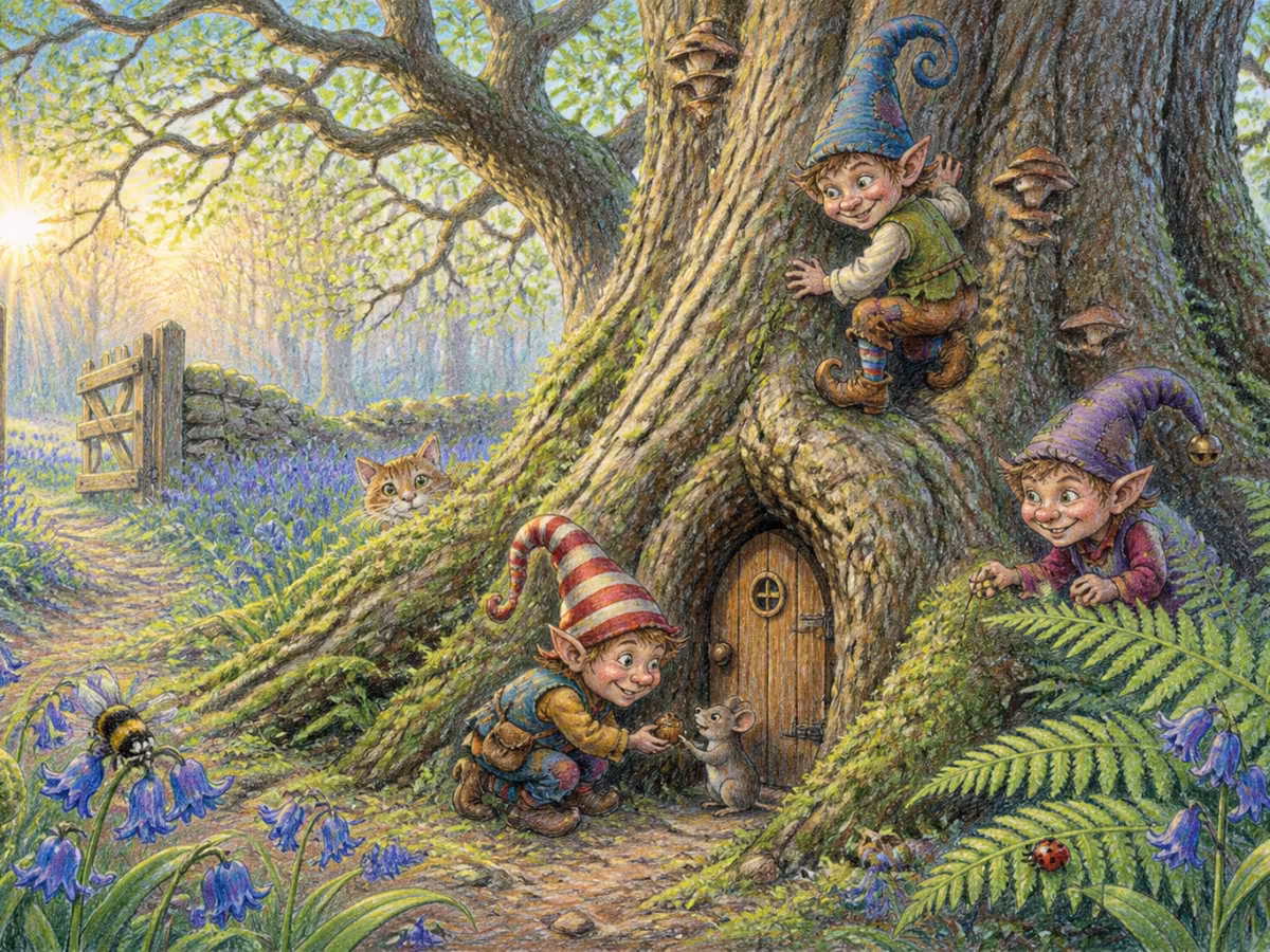 A misty British ancient woodland at spring dawn with a great old oak, a tiny carved wooden door at its base, bluebells and ferns in the undergrowth