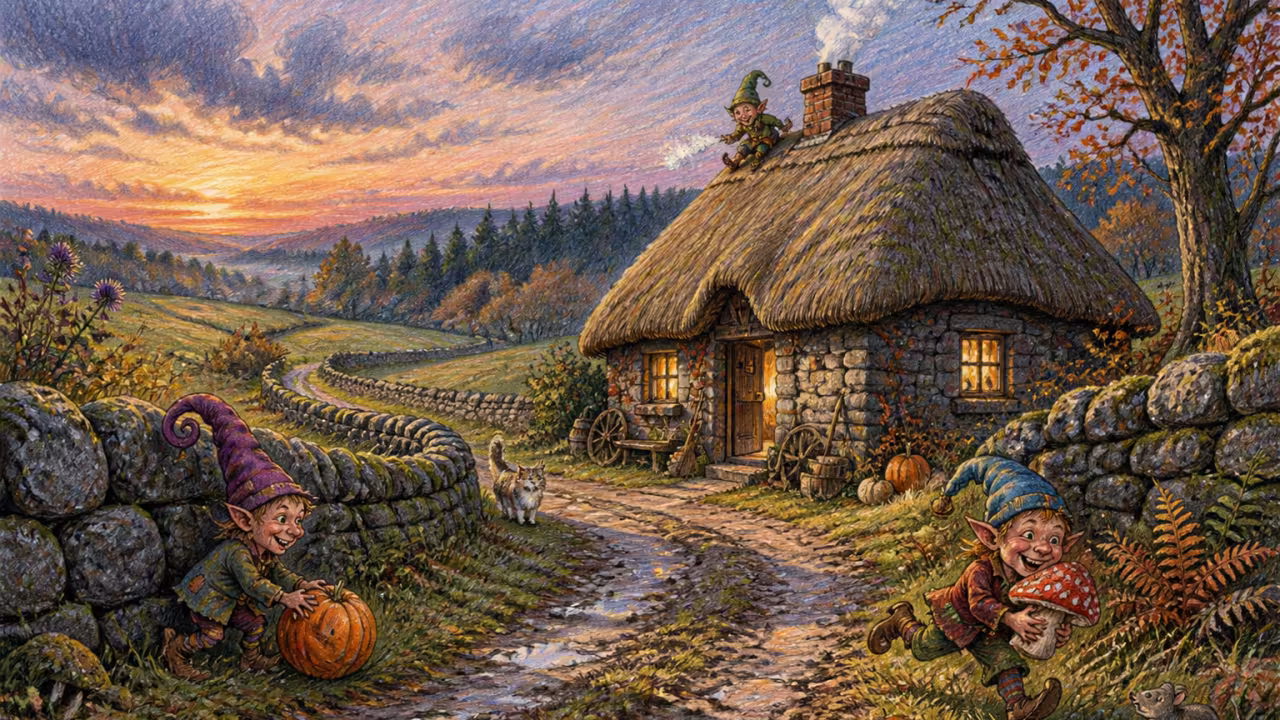 A panoramic British landscape at autumn dusk, a thatched stone cottage with smoke from the chimney, rolling moors and an old drystone wall, dark misty woodland on the horizon, soft golden light fading