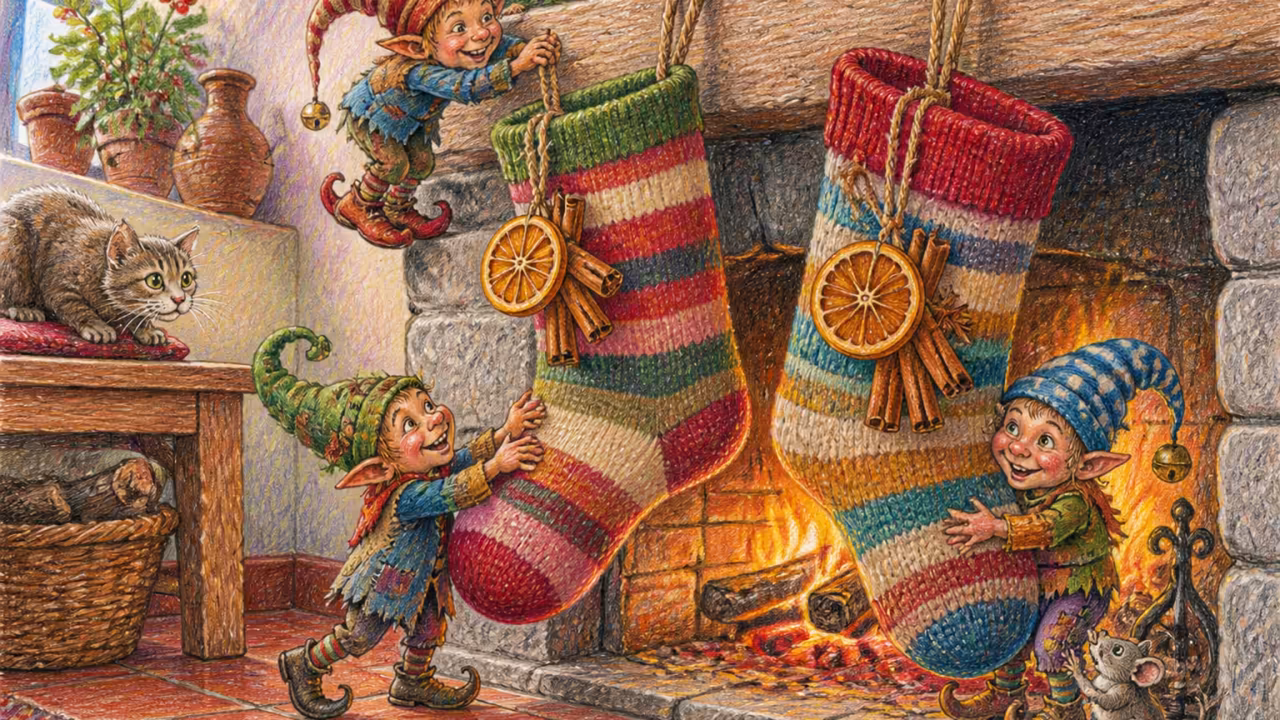 Primo piano di due calze della Befana fatte a mano in lana rigata appese al camino di pietra in una casa italiana, luce dorata del fuoco, decorazioni con arance secche e cannella legate con spago di juta, braci nel camino, pavimento di cotto