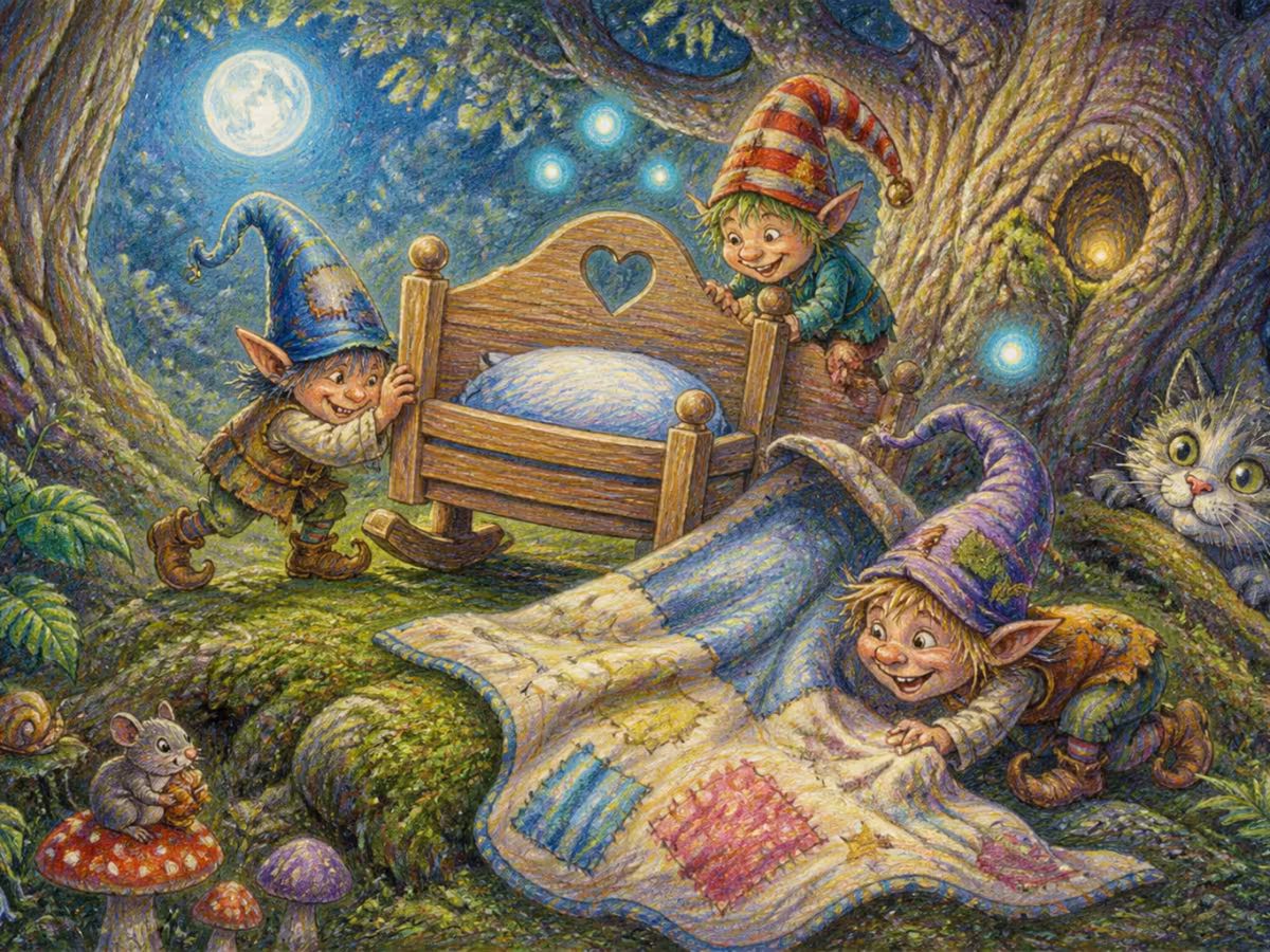 Berceau en bois dans une clairière illuminée par la lune, petites sphères lumineuses flottant autour, une couverture de bébé sur de la mousse
