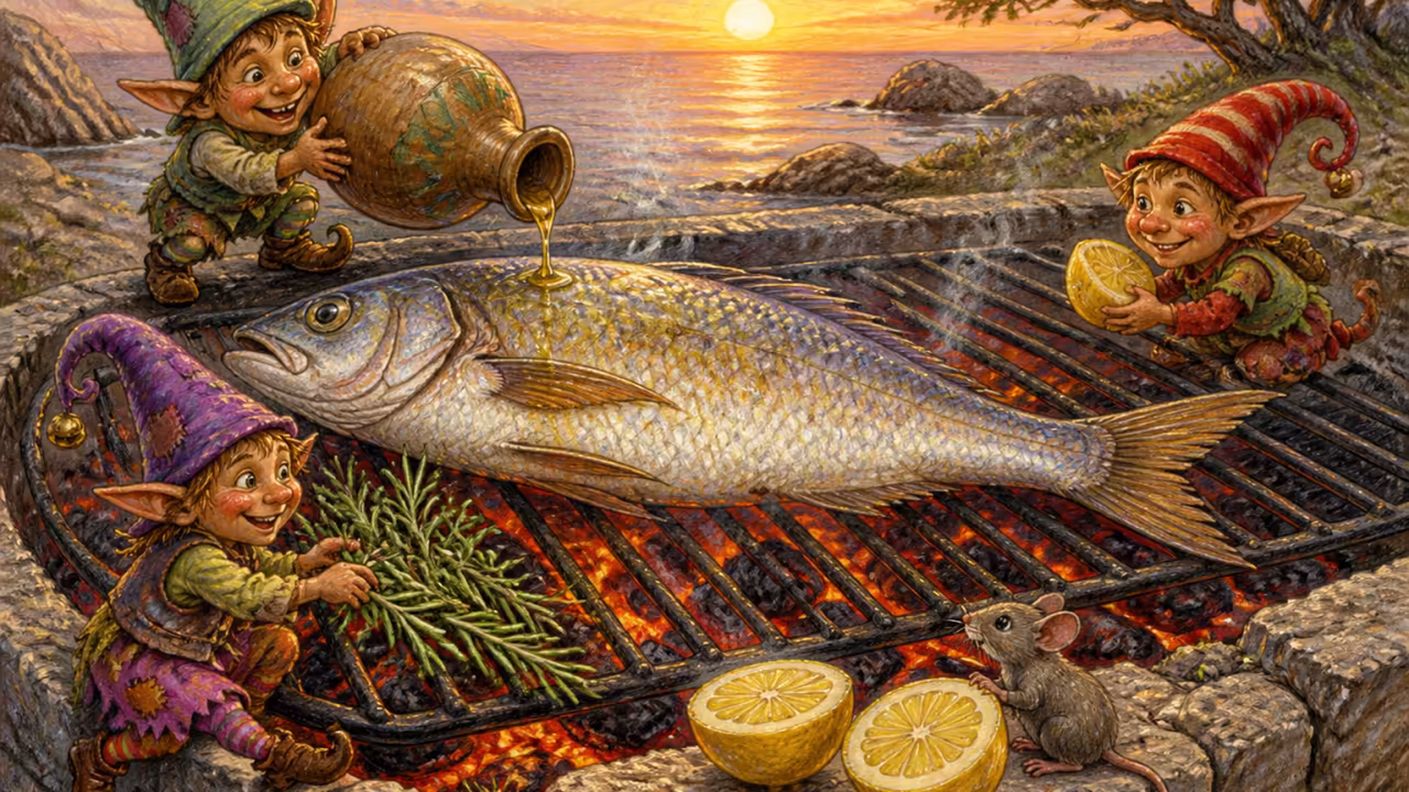 Ein ganzer frischer Fisch elegant auf einem heißen Eisenrost über glühenden Kohlen im Freien bei Sonnenuntergang, daneben Rosmarin und ein dünner Olivenölstrahl von oben