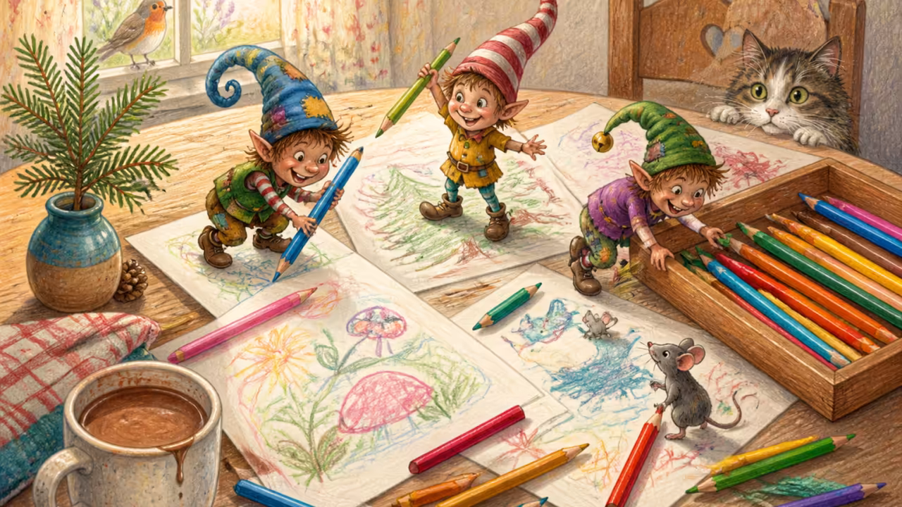 Une table d’enfant en bois à la maison l’après-midi, plusieurs dessins vierges sur papier étalés, crayons de couleur éparpillés et dans un petit plateau en bois, une petite tasse en céramique de chocolat chaud au coin, lumière douce d’une fenêtre