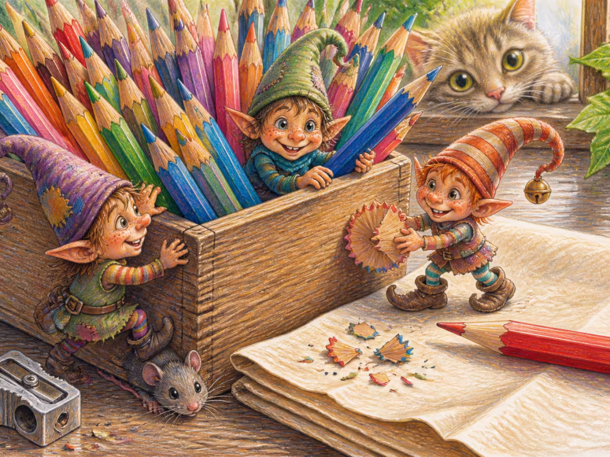Gros plan d’une boîte en bois pleine de crayons de couleur de haute qualité en nombreuses nuances, un crayon taillé à la main posé sur un papier crème plié, lumière chaude d’une fenêtre