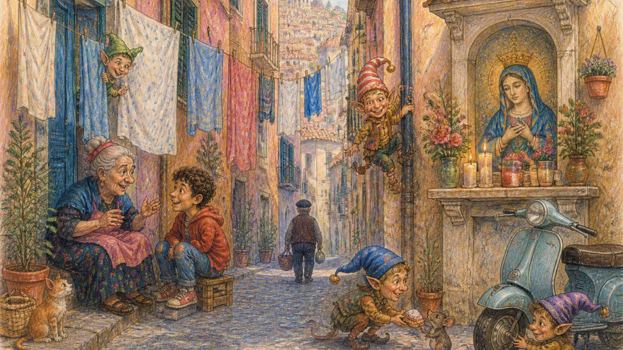 Un vicolo tradizionale del centro storico di Napoli, strada di ciottoli stretta tra alti palazzi color ocra e rosa, panni stesi su corde tra le facciate, un piccolo altare di strada con icona mariana, luce dorata del pomeriggio