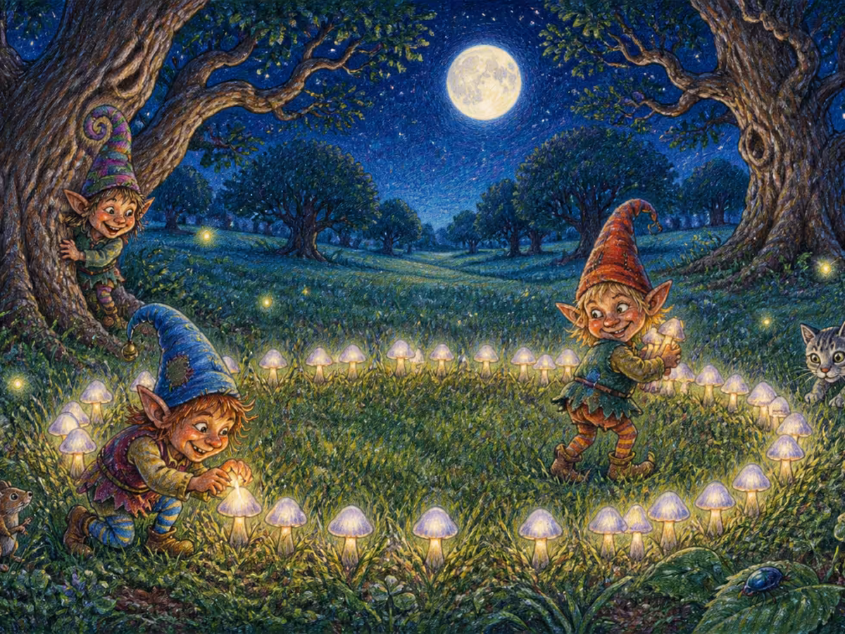 A perfect circle of mushrooms in a green meadow forming a fairy ring