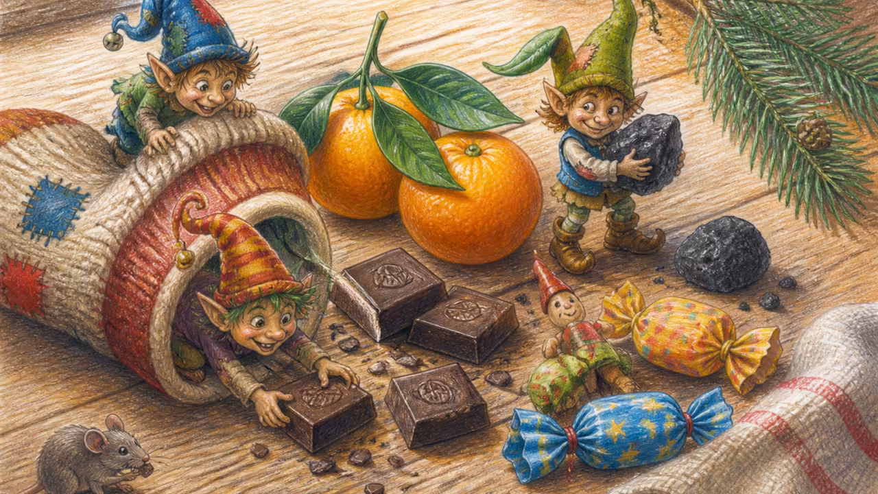 Contenuto tradizionale di una calza della Befana disposto su una tavola di legno, pezzi di cioccolato fondente, mandarini con le foglie, caramelle incartate, un piccolo pezzo di carbone di zucchero, una figurina di legno, un rametto di pino accanto