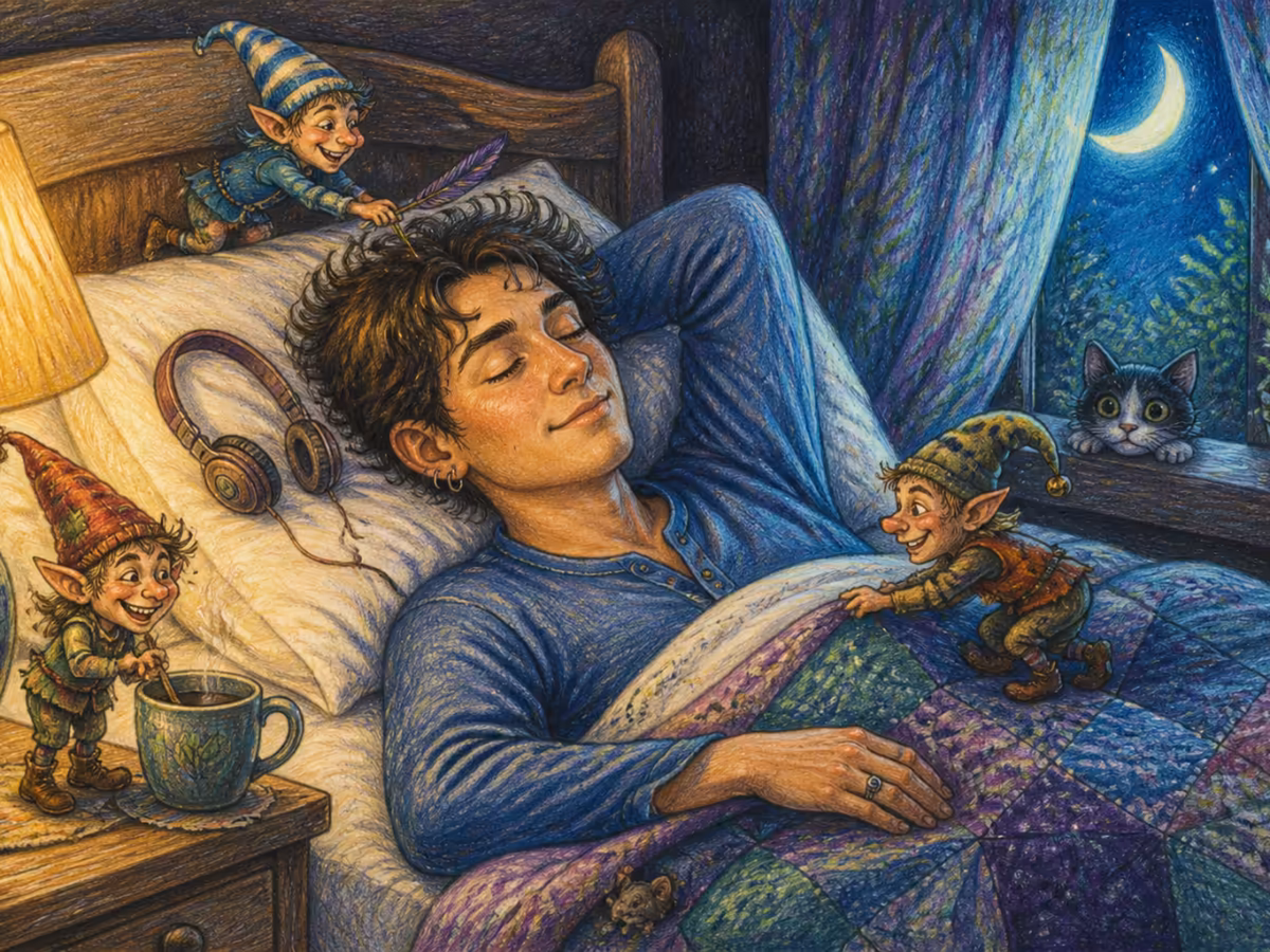 Une personne adulte au repos dans son lit la nuit, les yeux fermés, avec une petite lampe douce et un casque posé sur l'oreiller