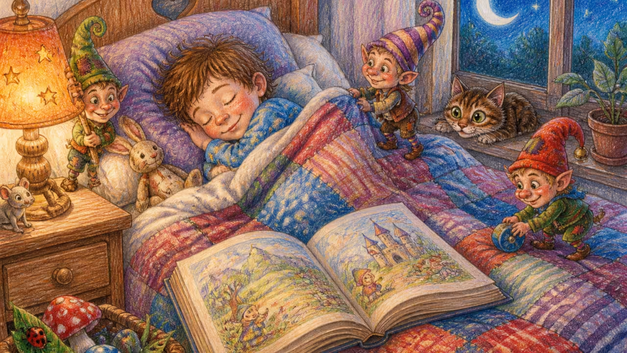 Une chambre d'enfant douillette la nuit avec une petite lampe chaude, un livre d'histoires ouvert sur la couverture et un enfant qui commence à s'endormir