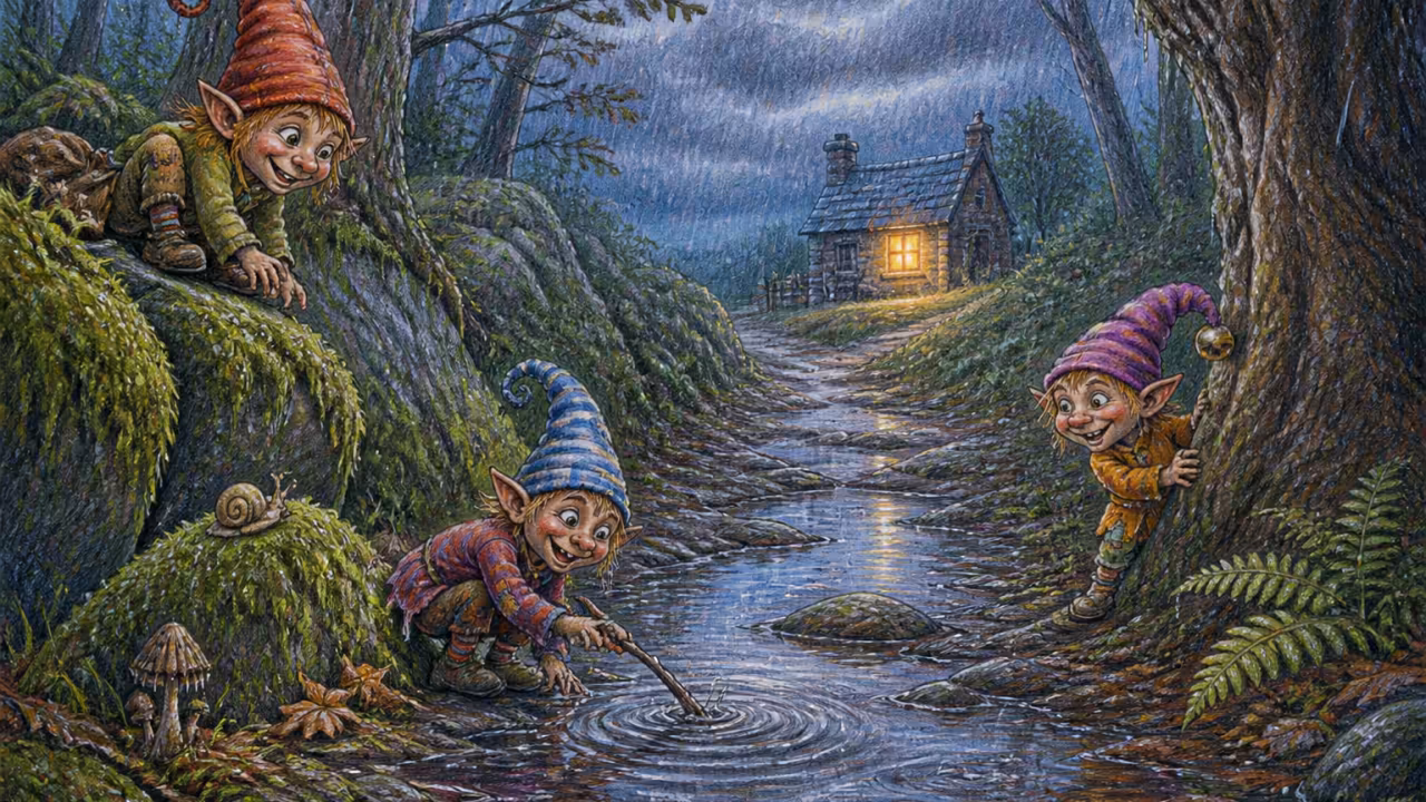 Un sentier de forêt sous la pluie au crépuscule, des flaques qui reflètent les nuages gris et la fenêtre éclairée d'une petite maison qui brille au bout du chemin