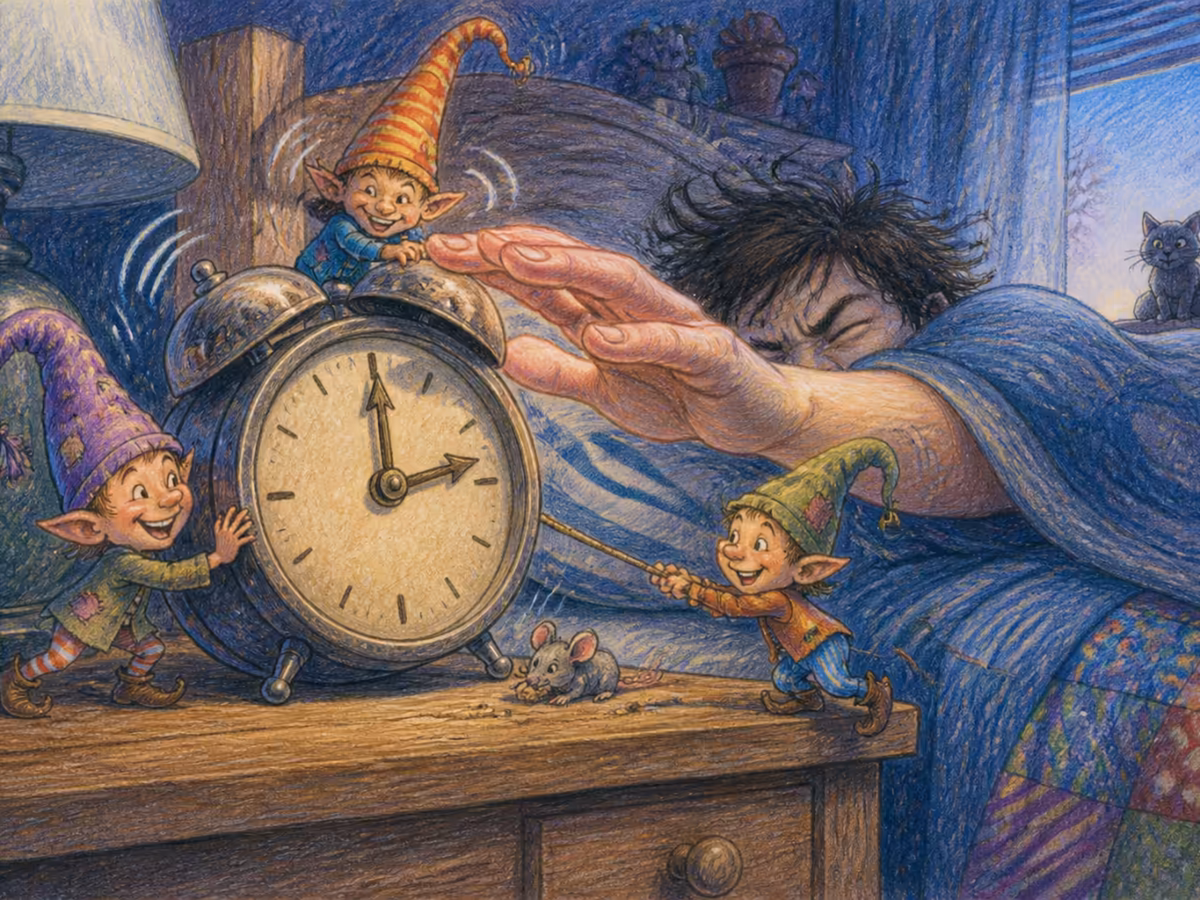 An old round twin-bell alarm clock ringing flat out on a wooden nightstand while a sleepy hand reaches out from under the blankets to silence it