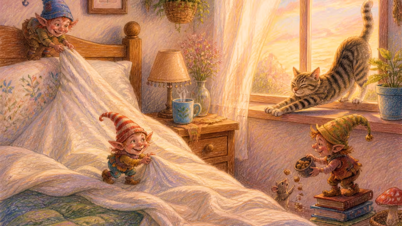 A dim bedroom at first light, warm golden dawn slipping through a thin curtain, rumpled blankets and a cat stretching on the windowsill
