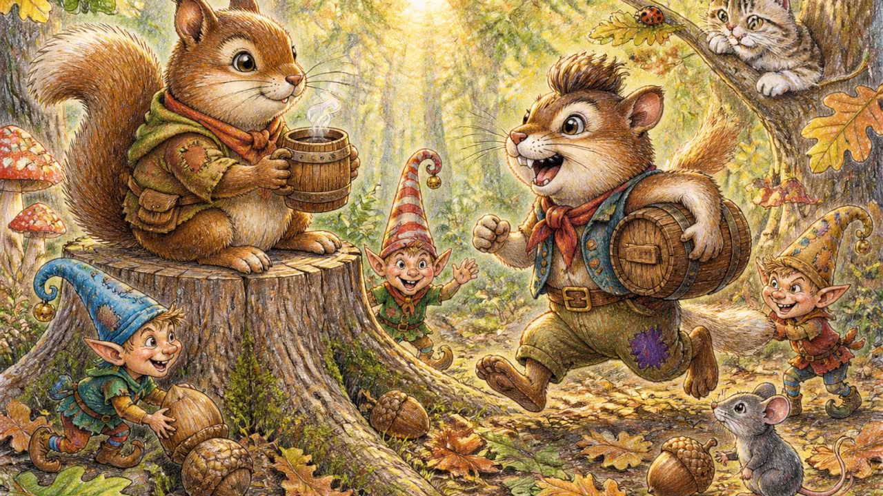 Two cousin Brownies meeting in a forest clearing, one sitting calm with a wooden mug, the other arriving with a barrel tucked under one arm