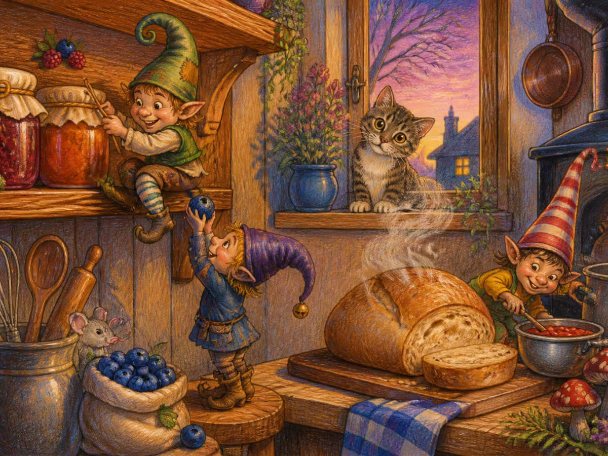 A household brownie sitting on a kitchen shelf next to jars of preserves, with steaming fresh bread on the counter and a curious cat watching from the windowsill at dusk