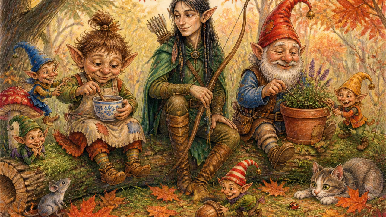 A brownie, an elf and a gnome posing together on a mossy log, each in characteristic dress, in an autumn forest at sunset