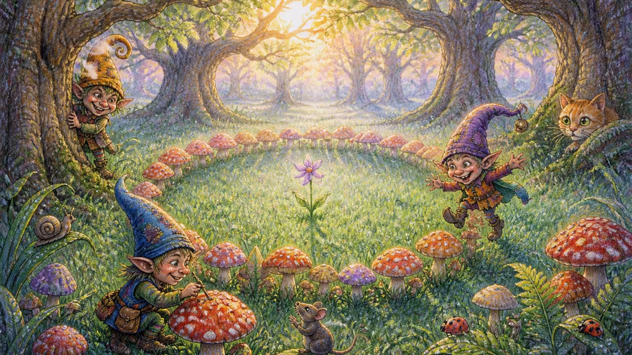 A perfect circle of mushrooms in a misty forest clearing at dawn, with dew on the grass and ancient oaks surrounding it