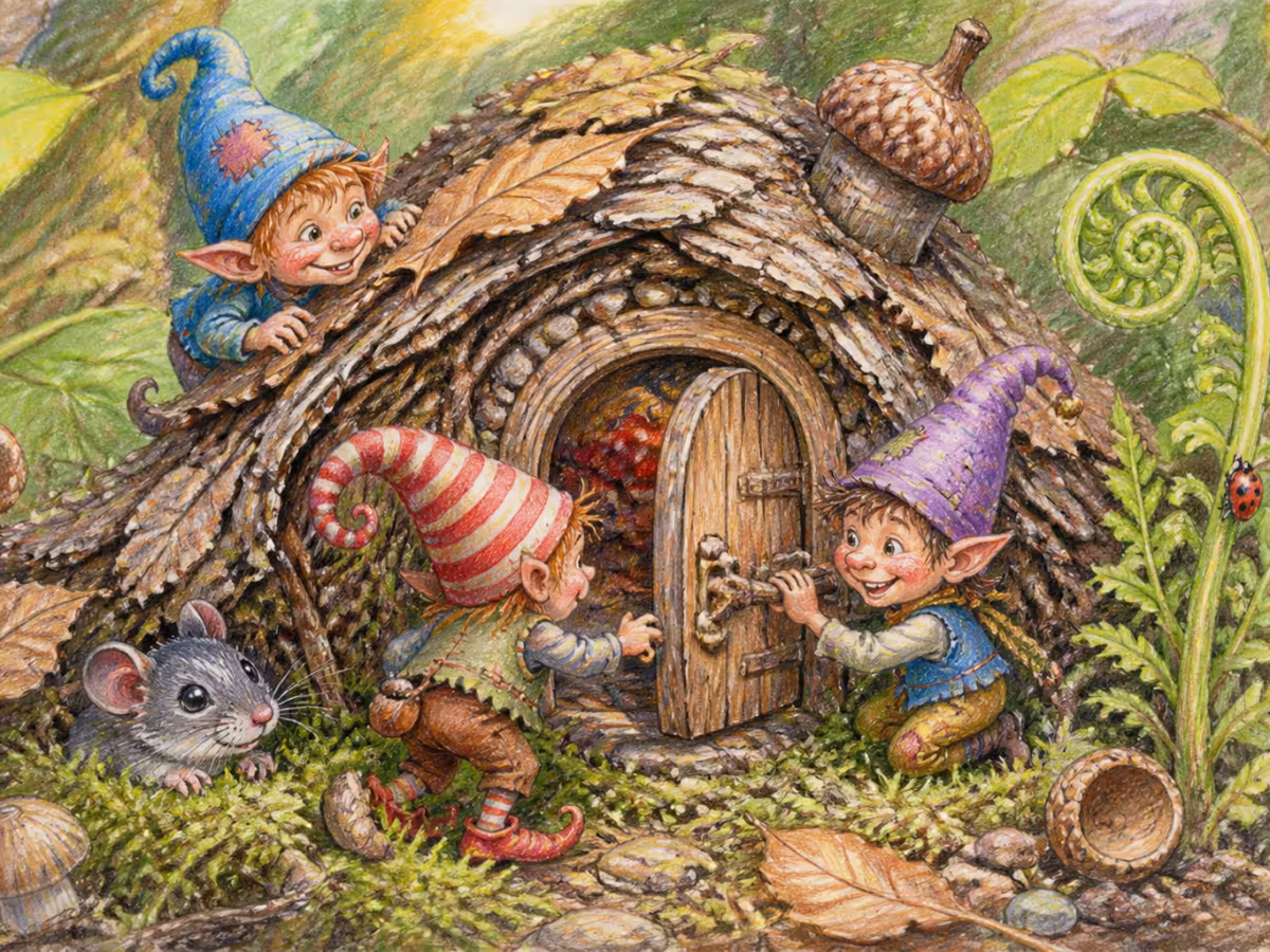 A close-up of a tiny hand-built fairy house made of bark, twigs, dried leaves and small pebbles, with a real working miniature wooden door, on a bed of moss in dappled sunlight, an acorn cap chimney detail