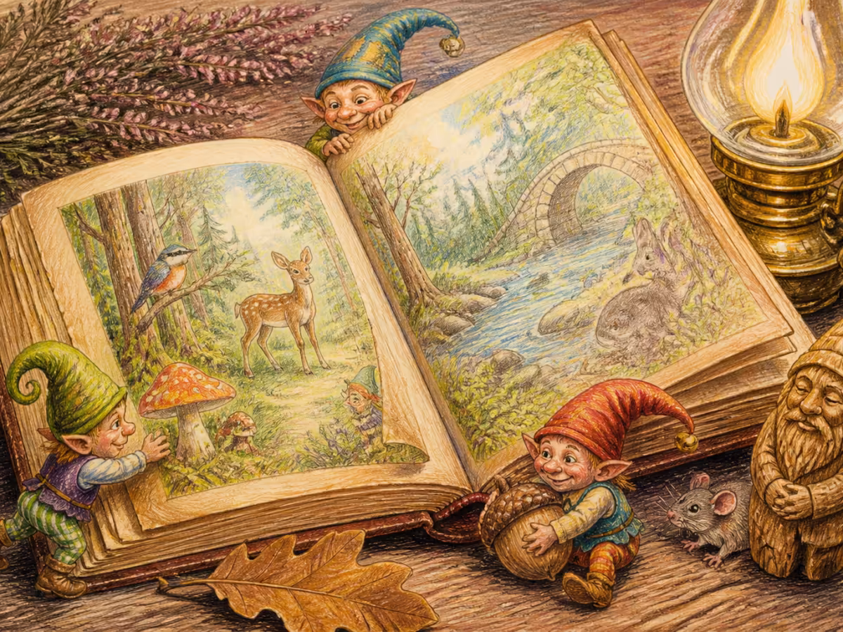 Nahaufnahme eines alten deutschen Märchenbuchs mit Ledereinband, aufgeschlagen mit Aquarell-Illustrationen von Waldszenen, eine kleine handgeschnitzte Holzfigur daneben, sanftes warmes Lampenlicht, ein Zweig getrocknetes Heidekraut