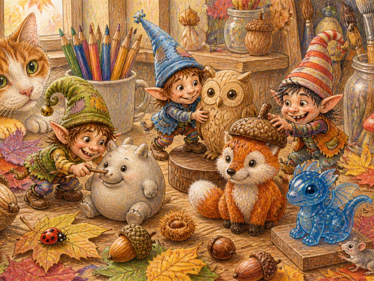 Different types of handcrafted Brownie figurines on a wooden workshop surface