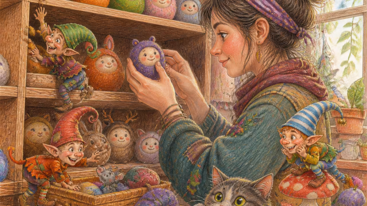 Hands picking a needle-felted Brownie figurine from a wooden shelf