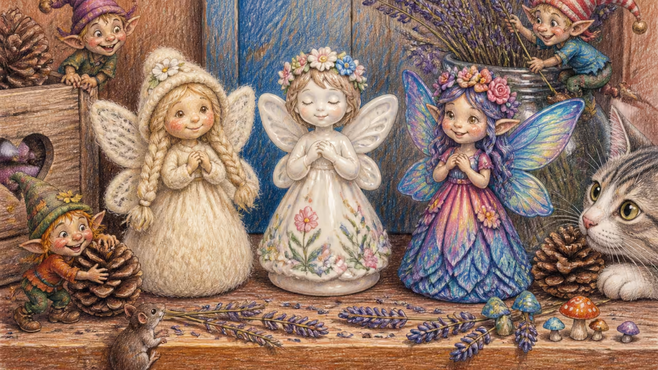 Drei kleine handgefertigte Feen-Figuren auf einem rustikalen Holzregal: eine aus weicher Wolle, eine weiß glasierte Keramik mit bemalten Blumen, eine bunte Harzfigur mit irisierenden Flügeln