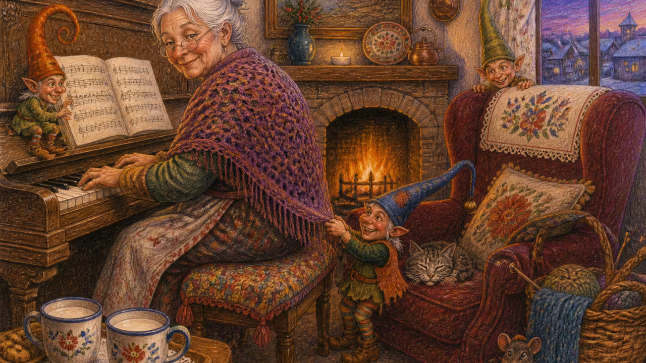 Un salotto italiano della nonna al crepuscolo di inizio gennaio, un pianoforte verticale con uno spartito aperto sul leggio mostra note manoscritte, due tazze di latte caldo sul tavolino di legno, una poltrona di velluto consunta vicino al camino acceso, un cestino con i ferri da maglia