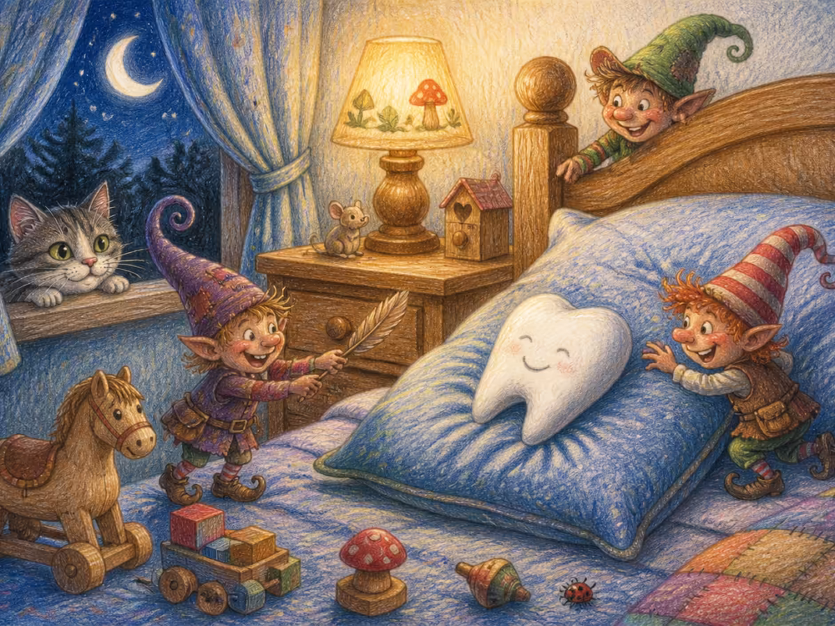 Habitación infantil a la luz de la luna con un diente de leche sobre la almohada esperando al Hada de los Dientes