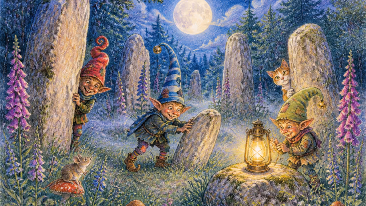 Une clairière de forêt au clair de lune avec un cercle de pierres anciennes, des digitales et des herbes sauvages entre elles, une brume basse sur l'herbe et une vieille lanterne posée sur un rocher couvert de mousse