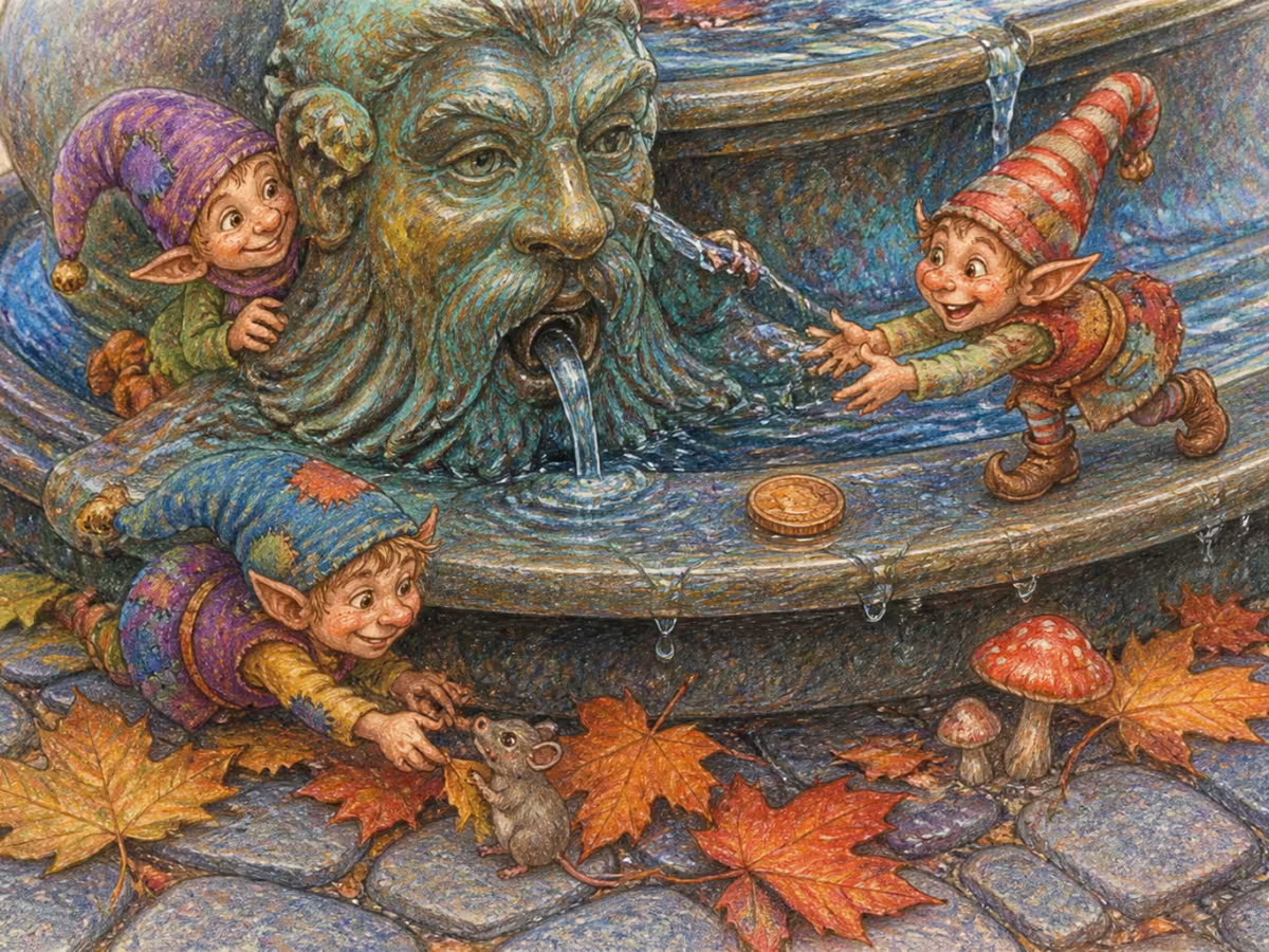 Nahaufnahme einer alten Bronze-Brunnen-Detail in einer Kölner Straße, Wassertropfen auf der patinierten Bronze, Herbstlaub um den Sockel, weiches warmes Morgenlicht, eine einzelne Münze auf dem Rand