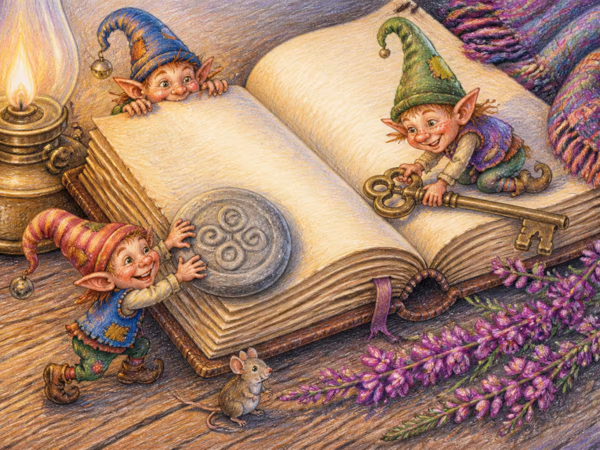 Gros plan d’un vieux livre en cuir ouvert sur une table en bois, un petit galet de mer poli avec une spirale celtique gravée à côté, un brin de bruyère violette fraîche, lumière chaude d’une lampe à huile en laiton, une vieille clé en laiton dans un coin