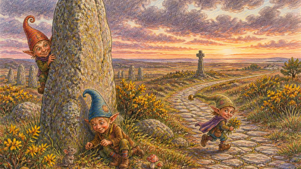 Un paysage breton au crépuscule d’automne, un haut menhir granitique au premier plan au bord d’un ancien cercle de pierres, des ajoncs en fleurs dorées, une lande battue par les vents, une vieille route de pavés qui serpente, une croix celtique en pierre dans le lointain