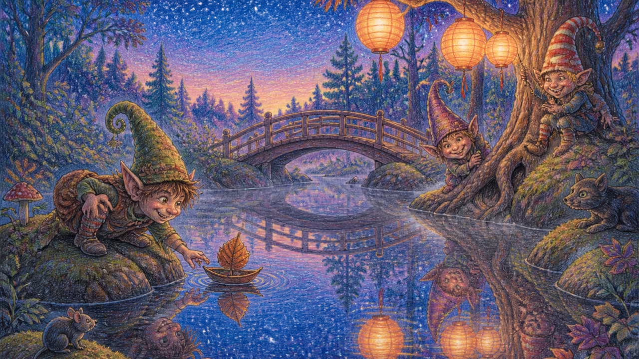 A still forest pond at dusk mirroring the whole starry sky, with a little wooden footbridge and paper lanterns hanging from a branch