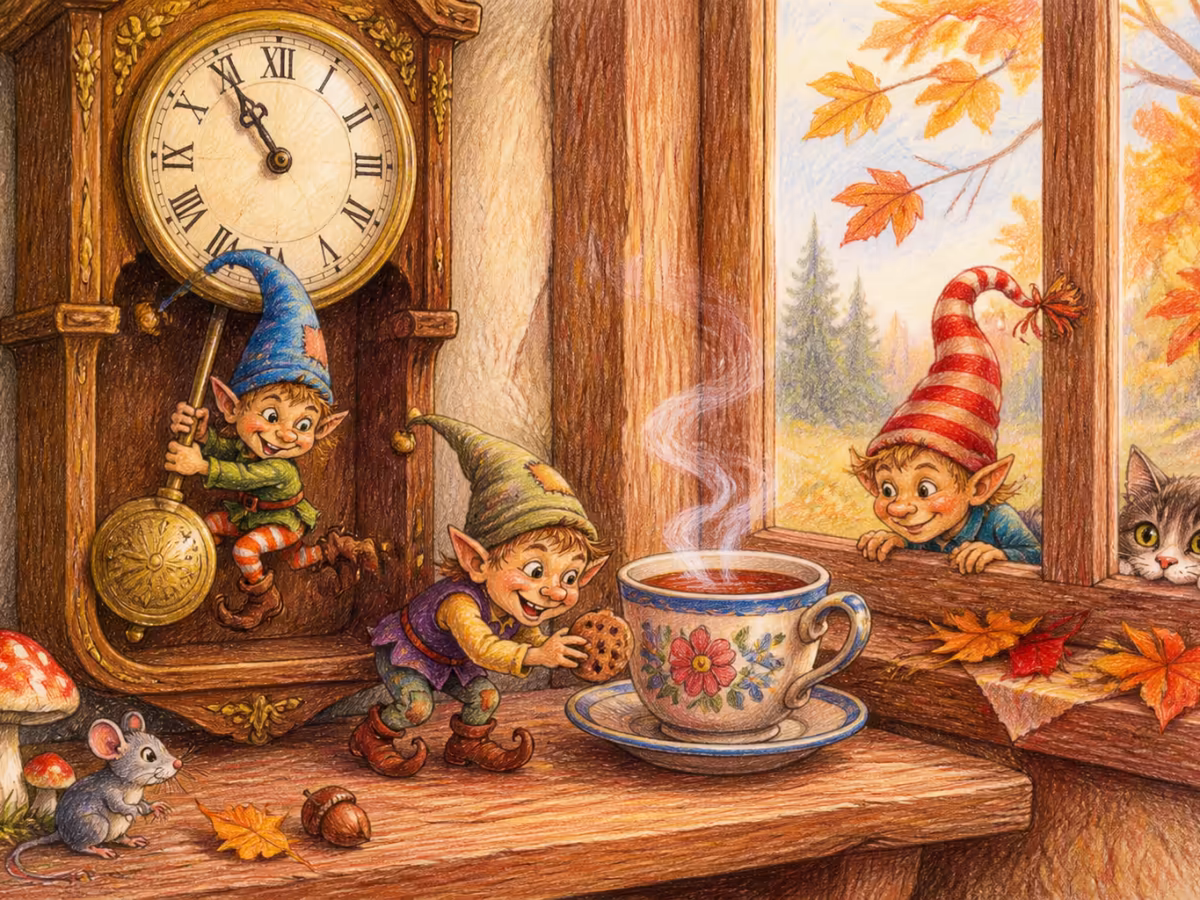 An old brass pendulum clock swinging gently inside a cosy wooden cottage, a cup of tea steaming beside it
