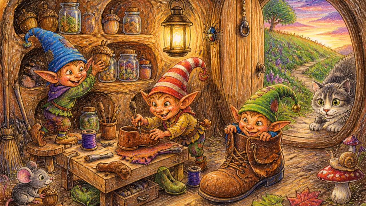 A cosy underground burrow lit by lantern light, shelves carved into the earth filled with small jars and acorns, a tiny workbench with cobbler’s tools