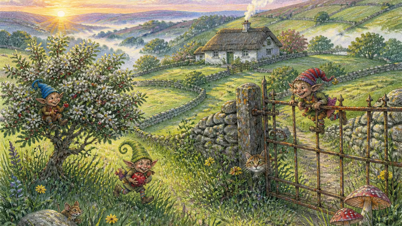 An Irish countryside landscape at dawn in late summer, rolling green hills crisscrossed with dry stone walls, a small whitewashed thatched cottage in the distance, a single lone hawthorn tree as a fairy thorn in the foreground meadow, mist rising in the valleys