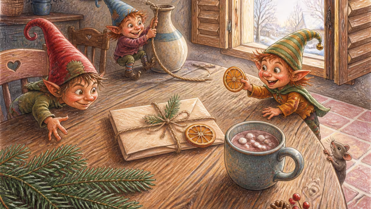 Une table de salle à manger française à l’aube en décembre, un petit mot manuscrit plié attaché avec une ficelle de jute au centre, un brin de sapin à côté, une petite tasse en céramique pour chocolat chaud, lumière du matin par les volets en bois