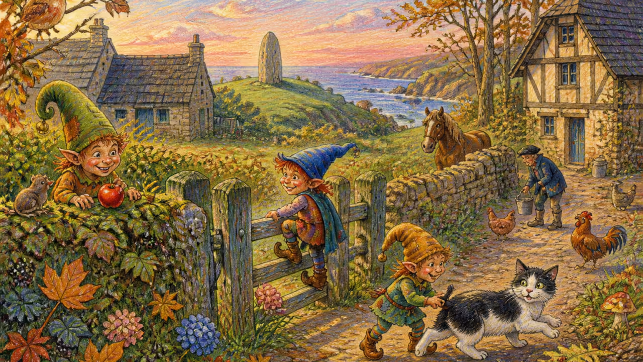 Un paysage rural français au crépuscule avec trois régions distinctes se mêlant, bocage normand en premier plan, côte bretonne avec menhir en milieu, maison à colombages au coin, lumière dorée du soir