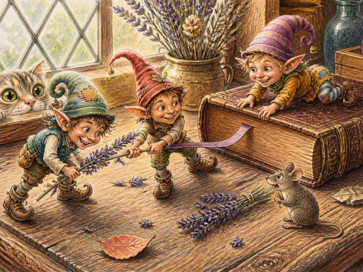 Gros plan de trois petites figurines en bois sculptées espacées sur une vieille table en chêne français, chacune avec une posture distincte, un vieux dictionnaire en cuir à côté, lumière chaude d’une fenêtre, un brin de lavande séchée