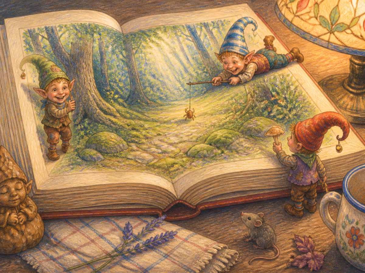 A close-up of an old children’s storybook open showing a watercolour illustration of an empty mossy forest clearing, a small carved wooden figurine resting at the corner of the book, soft warm lamp light